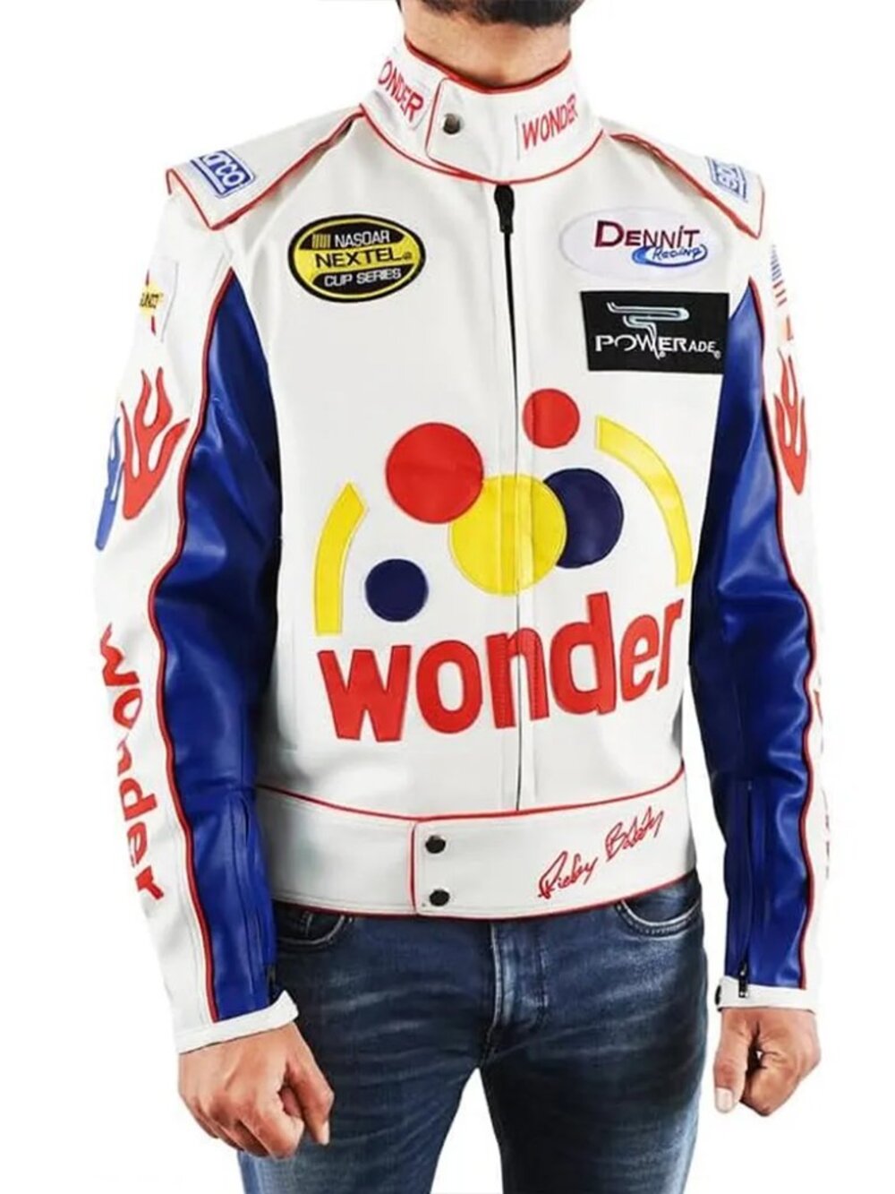 Talladega Nights Ricky Bobby Wonder White Racing Leather Motorcycle Jacket Sz L